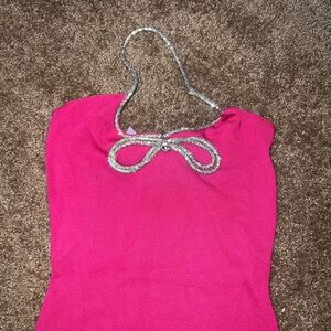 Pink Halter Top with Silver Bow Detail
